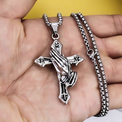 Retro-style prayer hands stainless steel cross necklace