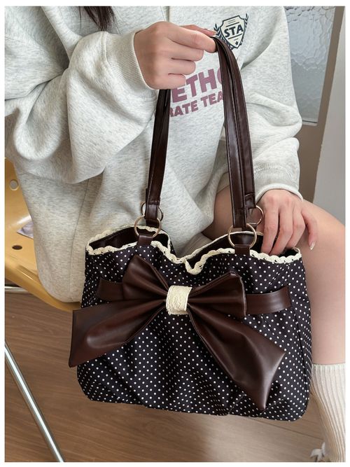 Polka-Dot, High-Capacity Women's Shoulder Bag — Versatile Commuter Style with Bow and Lace Accents