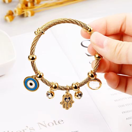 Vintage Style Women Jewelry Gift Accessories Bohemian Diamond Palm Eye Multi Pendant Gold Stainless Steel Bracelet Woman