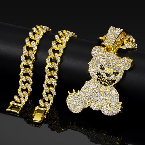 50cm Personalized Hip-Hop Style Fully Iced-Out Violent Bear Alloy Pendant Necklace with Cuban Chain