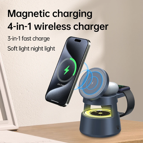 Magnetic 5-in-1 Wireless Charger, suitable for mobile phones, earphones, watches, Bluetooth speakers, and night lights.
