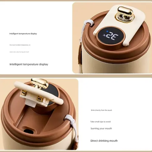 Smart temperature display insulated coffee cup | 316 stainless steel stylish thermos | Portable car travel cup | Perfect gift for coffee lovers, foggy white coffee color