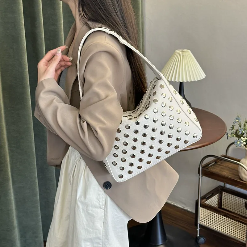 2025 new fashion personality stylish hand-held rivet bag ladies small square bag textured commuting shoulder underarm bagNo pendant