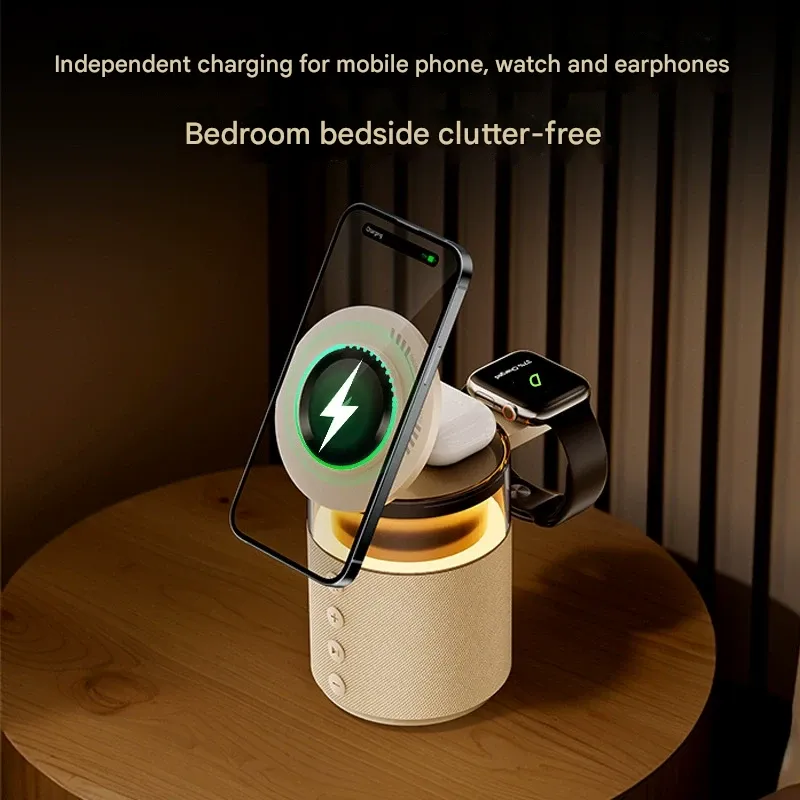 Wireless Charging Bluetooth Speaker Magnetic Desktop Phone Holder All-in-One Night Light Speaker Charging Base