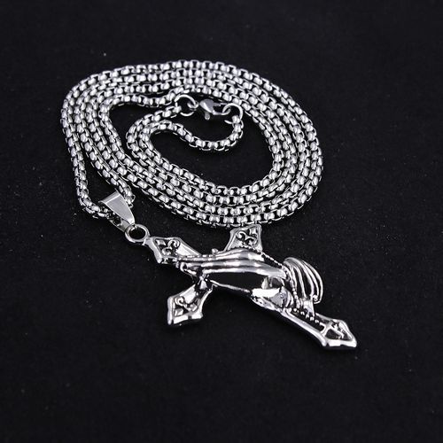 Retro-style prayer hands stainless steel cross necklace