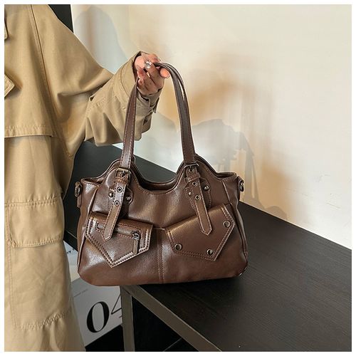 Retro European and American large capacity tote bag 2025 new handbag messenger bag splicing women's bag simple soft leather underarm bag