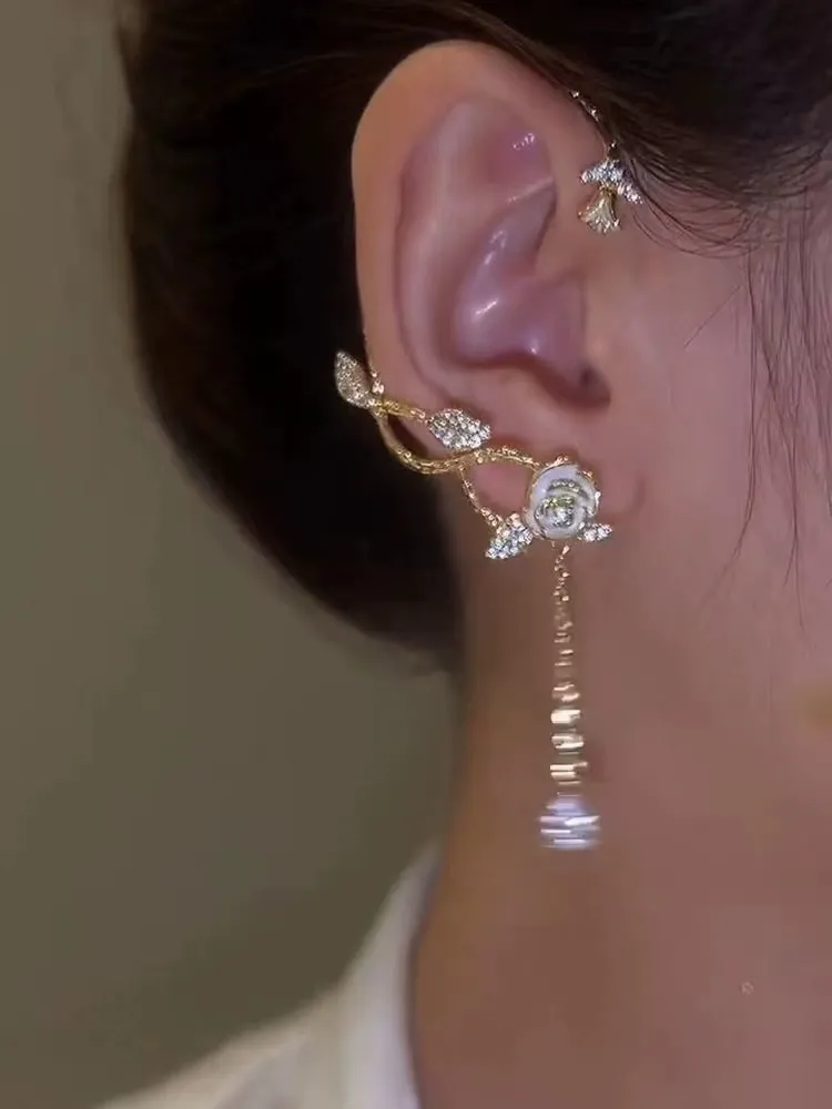 Zircon rose tassel super fairy one-piece ear clip for women without pierced ears, light luxury niche.