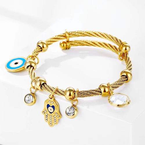 Vintage Style Women Jewelry Gift Accessories Bohemian Diamond Palm Eye Multi Pendant Gold Stainless Steel Bracelet Woman