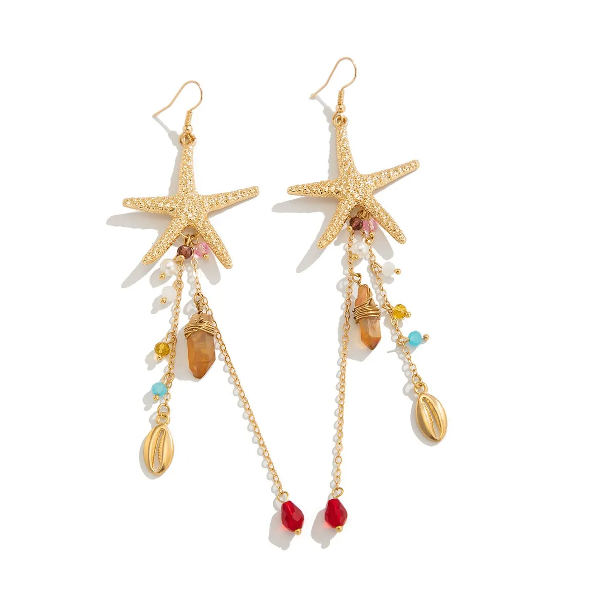 Ocean-Inspired Metal Starfish & Jellyfish Stud Earrings — Bohemian-Style Faux Pearl & Crystal Tassel Drop Earrings