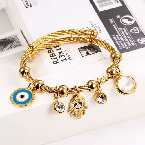 Vintage Style Women Jewelry Gift Accessories Bohemian Diamond Palm Eye Multi Pendant Gold Stainless Steel Bracelet Woman