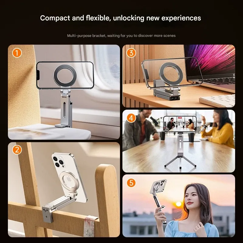 Aluminum Alloy Magnetic Phone Holder, Mobile Phone Live Streaming Tripod, Multi-Function Folding Desktop Stand for Business Travel