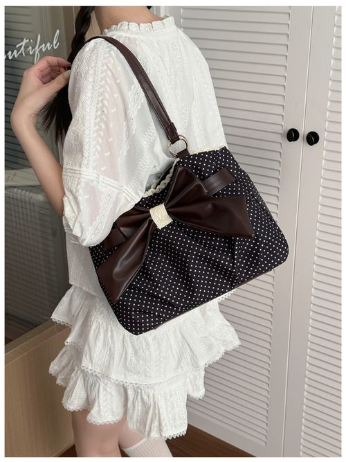 Polka-Dot, High-Capacity Women's Shoulder Bag — Versatile Commuter Style with Bow and Lace Accents
