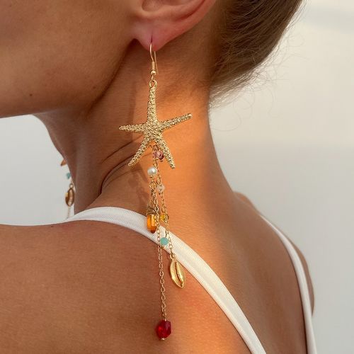 Ocean-Inspired Metal Starfish & Jellyfish Stud Earrings — Bohemian-Style Faux Pearl & Crystal Tassel Drop Earrings