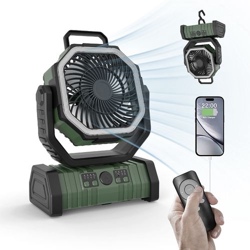 Portable USB Clip Fan with LED Light & Phone Charger - 3 in 1 Camping Desk Fan, 5000mAh Rechargeable Battery, Adjustable Hook for Outdoor, Office, Stall (12H Runtime)