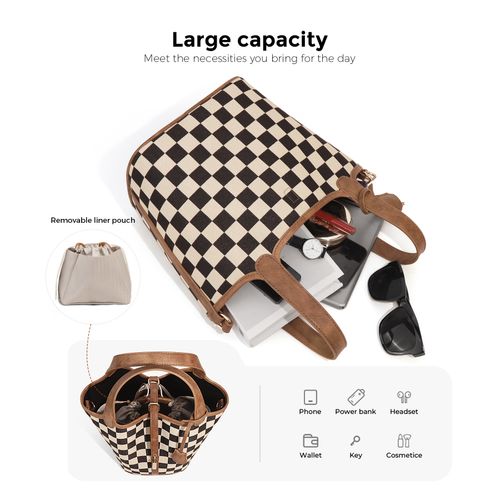 Women's Vintage Checkered Market Basket Bucket Bag — Crossbody & Shoulder Bag with Adjustable Strap