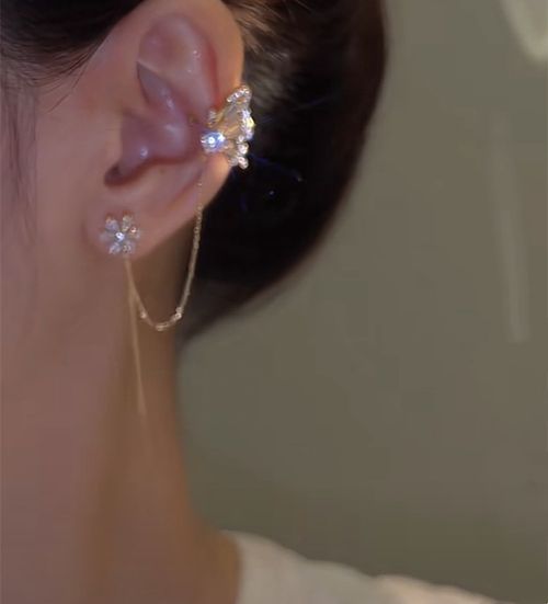 Luxury Sparkling Zircon Flower Butterfly Ear Cuff Set Dainty Ear Bone Clip & Thread Earrings 2-in-1  Shiny Rhinestone Jewelry for Women