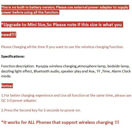 RGB Night Light Lamp Multifunctional Wireless Speaker, Multifunctional Wireless Speaker with Alarm Clock, Wireless Charger Station Pad for iPhone, Samsung, Xiaomi, Huawei