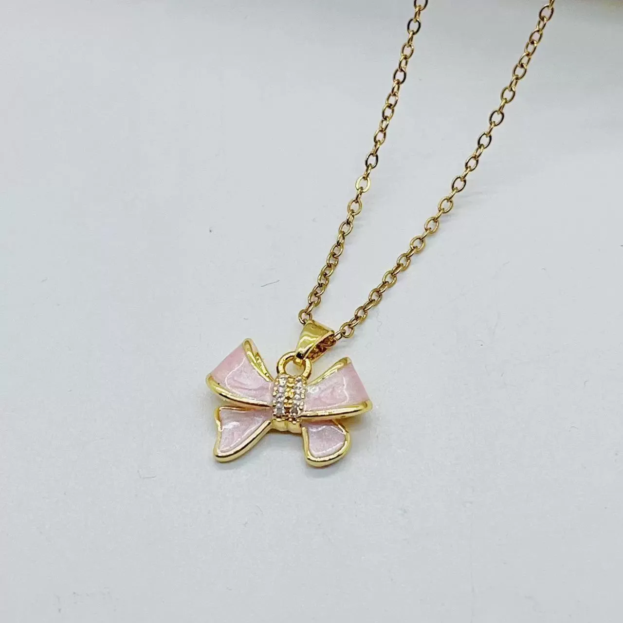 Pink bow pendant titanium steel clavicle chain versatile sweet bow necklace jewelry