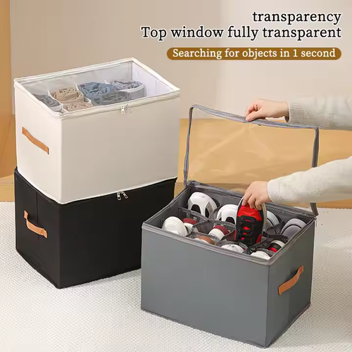 Foldable Space-saving Storage Container Closet Fabric Shoe Storage Bins Shoe Organizer Box with Clear Cover