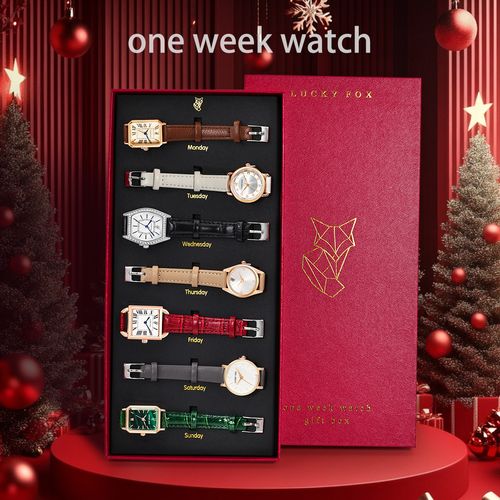 Weekly watch set: simple, casual, vintage-style quartz watch with leather strap, women's gift box set.