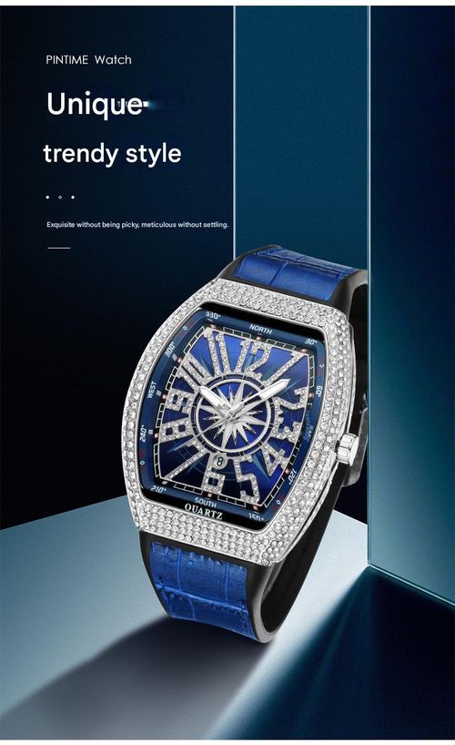 Men's watch, tonneau case, minimalist design, leather strap, yacht-inspired, diamond-encrusted, vintage quartz watch.