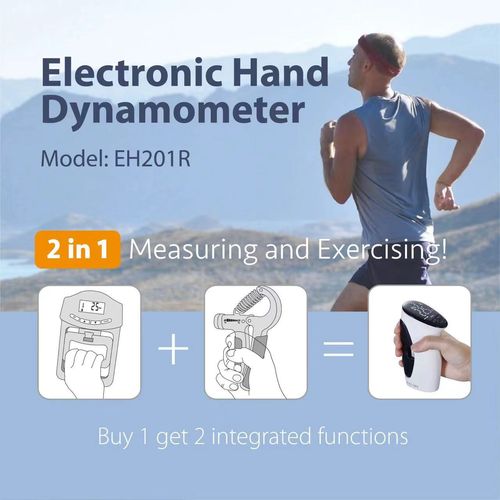 Electronic hand grip strengthener is an adjustable device for rehabilitation training and fitness professionals.