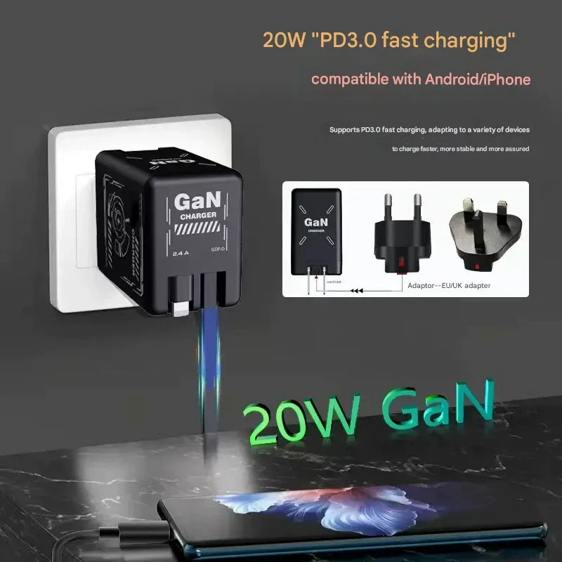 New 120w gallium nitride charger retractable data cable suitable for Apple mobile phones and Android mobile phones fast charging head