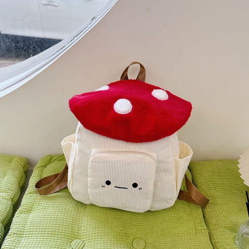 Mushroom-shaped plush double-shoulder backpack, cute cartoon style, casual and versatile bag.