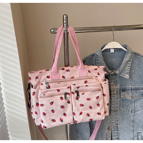 Women's corduroy tote bag, multi-compartment, large capacity, simple strawberry design, shoulder bag crossbody bag, suitable for commuting.