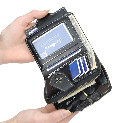 Miniature and stylish, this short wallet for men and women features a retro design, a zippered coin purse, and multiple compartments for cards and a driver's license.