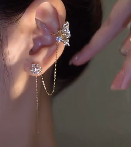 Luxury Sparkling Zircon Flower Butterfly Ear Cuff Set Dainty Ear Bone Clip & Thread Earrings 2-in-1  Shiny Rhinestone Jewelry for Women