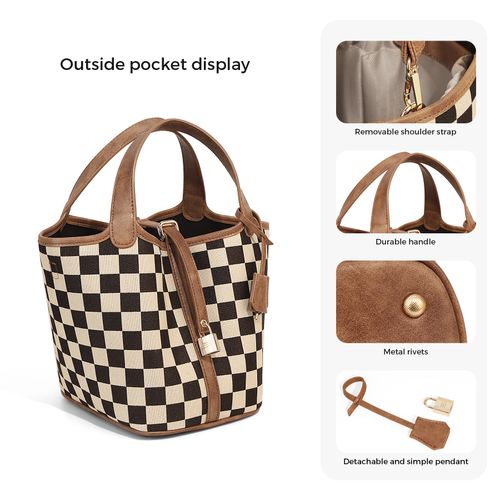Women's Vintage Checkered Market Basket Bucket Bag — Crossbody & Shoulder Bag with Adjustable Strap