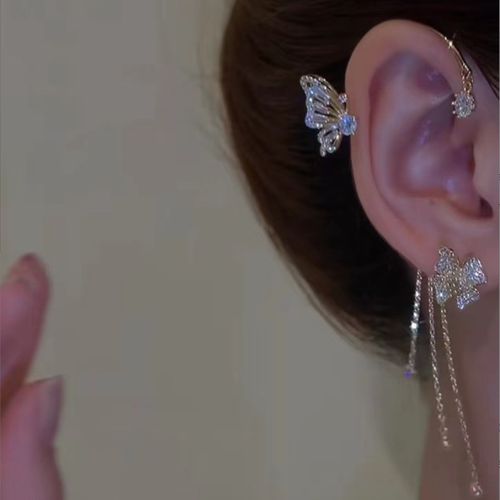 Luxury Sparkling Zircon Flower Butterfly Ear Cuff Set Dainty Ear Bone Clip & Thread Earrings 2-in-1  Shiny Rhinestone Jewelry for Women