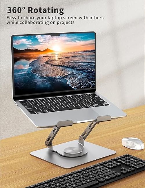 Laptop Stand with 360° Rotating Base  Ergonomic Computer Riser for Desk  Adjutable Height Muti-Angle  Foldable Laptop Mount  Stable Metal Holder Support 10-15.6  Notebook PC Silver Grey