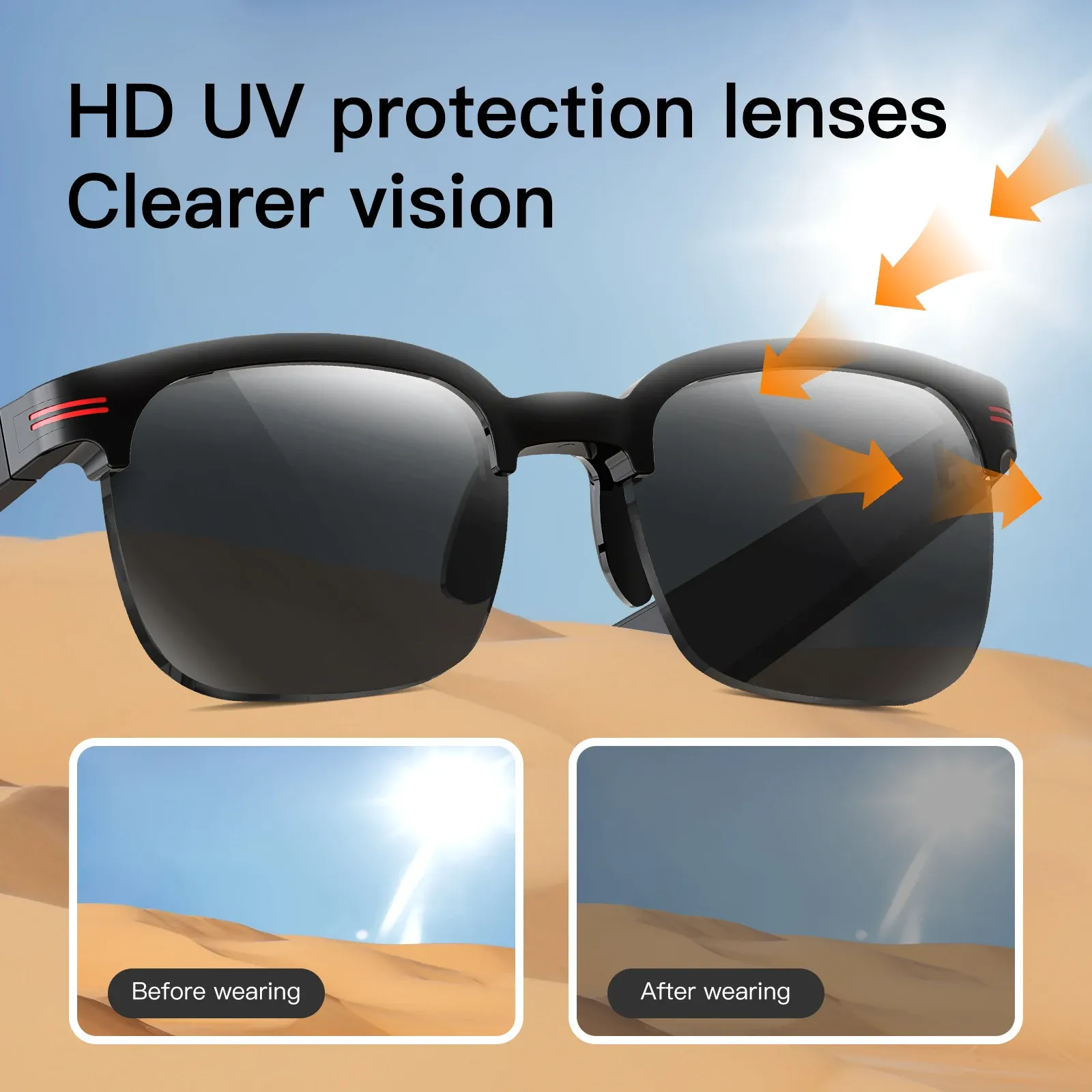 New GS200 Smart Glasses Wireless Call Music Playback Half Frame Sunglasses With Blue Light UV Protection IP67 Waterproo