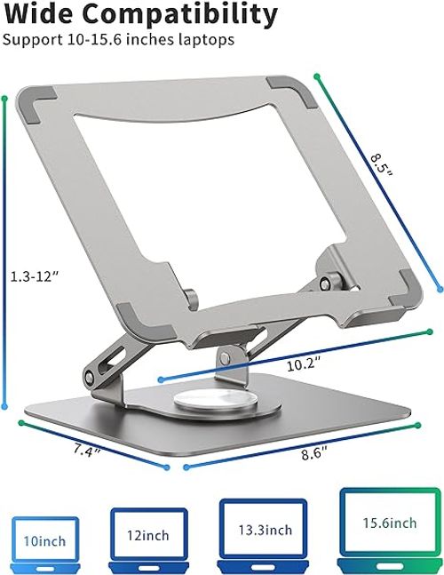 Laptop Stand with 360° Rotating Base  Ergonomic Computer Riser for Desk  Adjutable Height Muti-Angle  Foldable Laptop Mount  Stable Metal Holder Support 10-15.6  Notebook PC Silver Grey