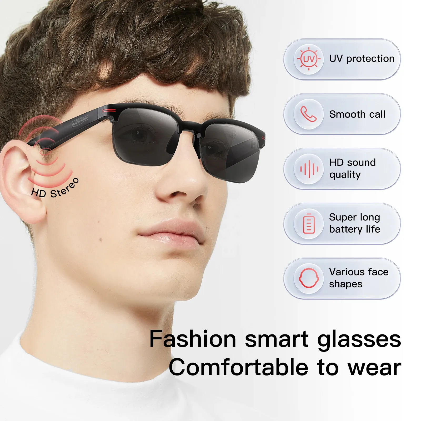 New GS200 Smart Glasses Wireless Call Music Playback Half Frame Sunglasses With Blue Light UV Protection IP67 Waterproo