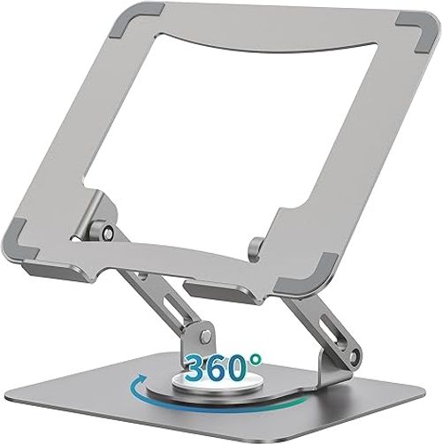 Laptop Stand with 360° Rotating Base  Ergonomic Computer Riser for Desk  Adjutable Height Muti-Angle  Foldable Laptop Mount  Stable Metal Holder Support 10-15.6  Notebook PC Silver Grey