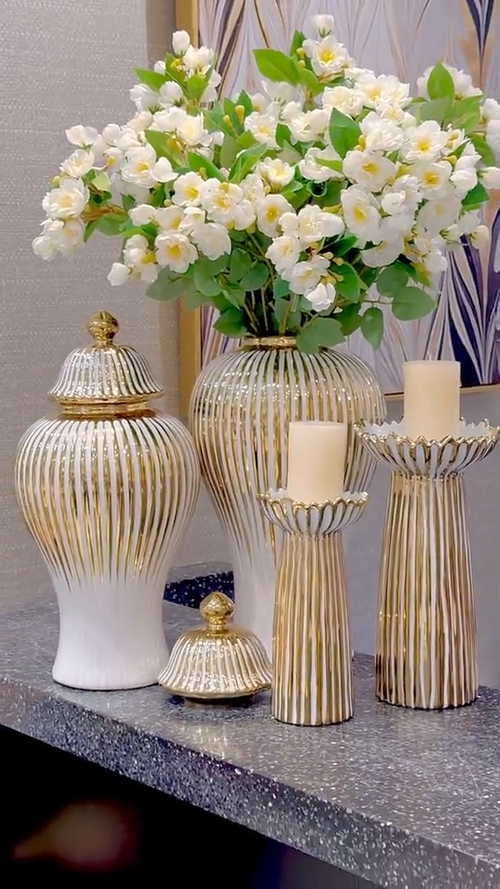 New Chinese Style Golden Line White Ceramics Vases,white porcelain with gold candle holder