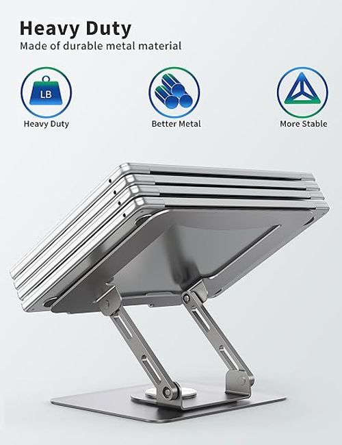 Laptop Stand with 360° Rotating Base  Ergonomic Computer Riser for Desk  Adjutable Height Muti-Angle  Foldable Laptop Mount  Stable Metal Holder Support 10-15.6  Notebook PC Silver Grey
