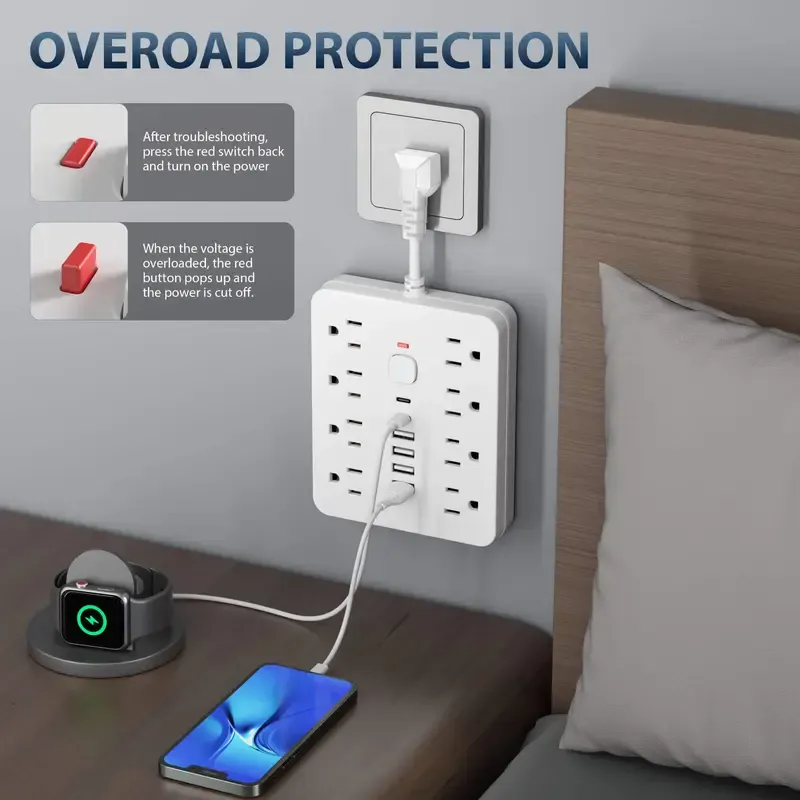 14-in-1 Power Strip with Switch & Surge Protection, Multifunctional Power Strip with 8 AC Outlets & 4 USB & 2 Type-C, Suitable for Office, Home and Travel