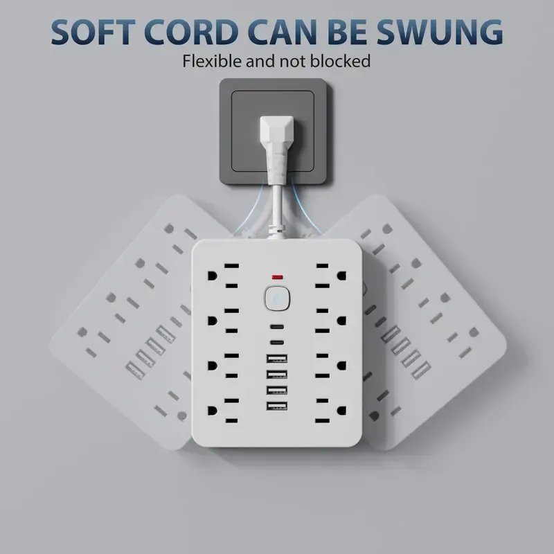 14-in-1 Power Strip with Switch & Surge Protection, Multifunctional Power Strip with 8 AC Outlets & 4 USB & 2 Type-C, Suitable for Office, Home and Travel