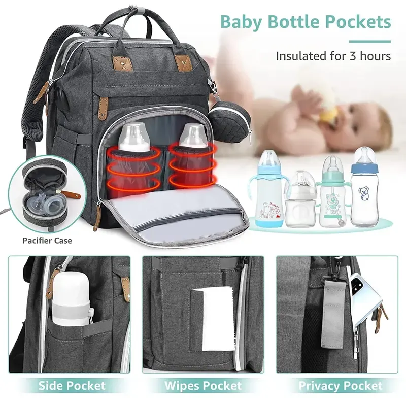 3 In 1 Diaper Bag Backpack with Changing Station, Multifunctional Waterproof Portable Bag for Travel
