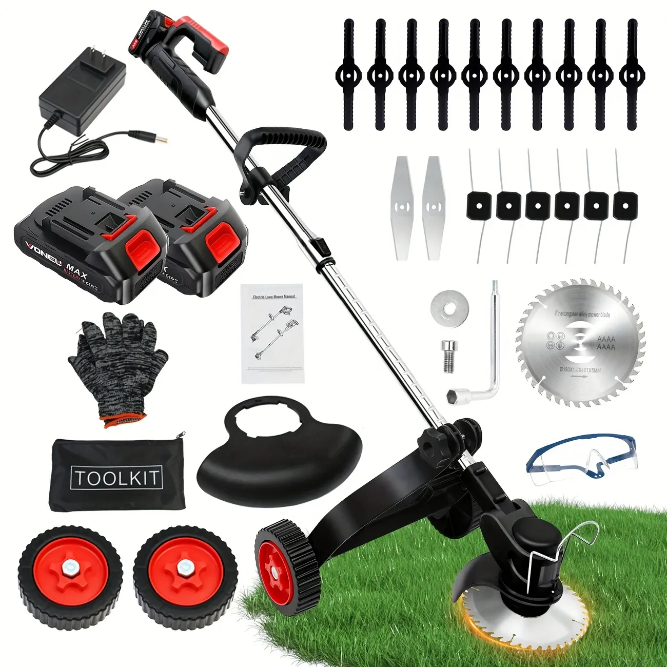 Powerful 24V Cordless Electric Weed Eater, 4-in-1 Versatility with Lawn Trimmer, Wheel Edger, Mini-Mower, and Brush Cutter Functions. Equipped with Multiple blades and String Trimmer for Lawns, Yards, and Gardens