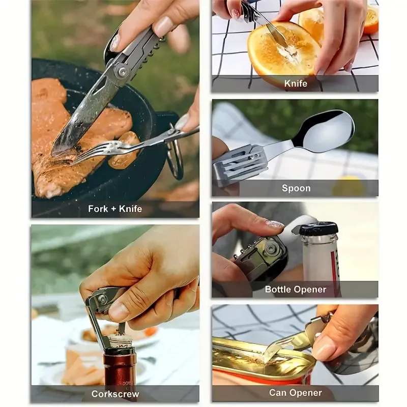 A Versatile Folding Outdoor Tableware Set With 5 In 1, Including Knife, Fork, Spoon, Bottle Opener, Made Of Stainless Steel, Easy To Clean, And Comes With A Storage Bag, Perfect For Camping.