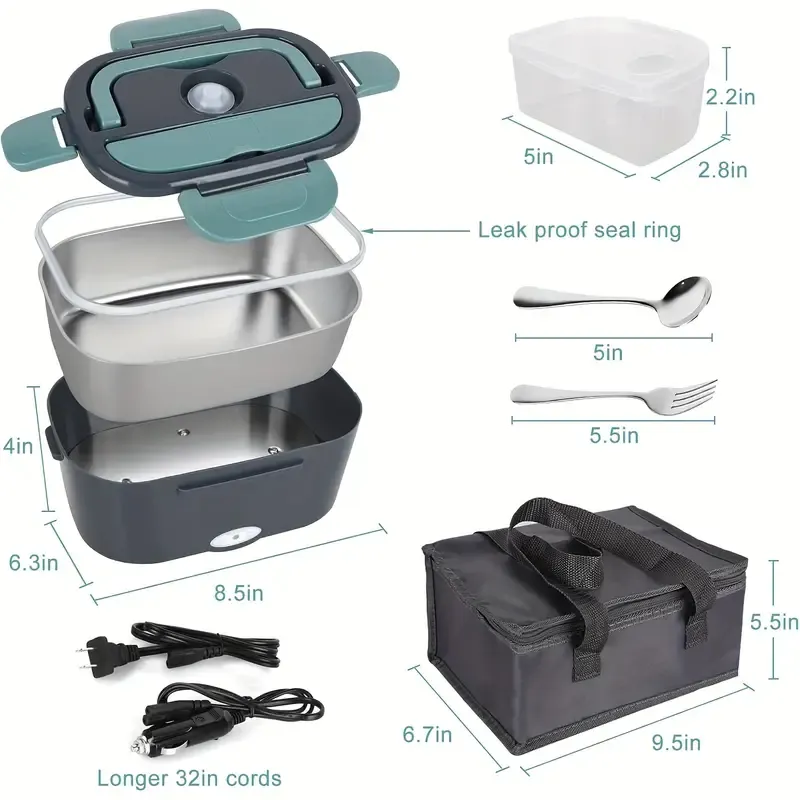 1 Set, Electric Heating Lunch Box Food Warmer, Portable Lunch Box for Home And Car, 12V 110V Adult Car Truck Work Lunch Box, 50.72oz Removable 304 Stainless Steel Container, Free Fork And Spoon with Insulation Bag, Can Be Used In Home Car Office Use