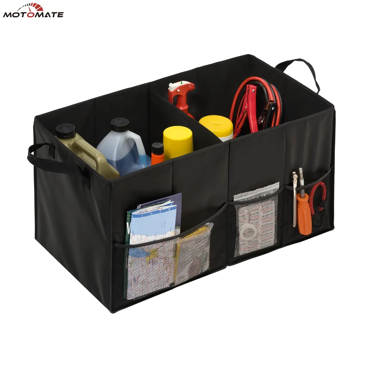 Foldable Car Trunk Organizer for SUVs & Sedans - Sturdy 2-Compartment Storage with Mesh Pockets & Side Pockets, Fit, 21.3x12.6x10.6, Black, Trunk Storage