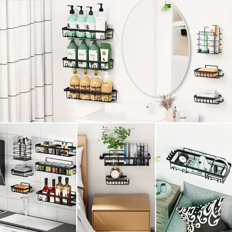 Stainless Steel Shower Caddy 6 Pcs Stainless Steel Shower Caddy - Bathroom Shower Organizers, Black Wall Rack Baskets Adhesives Mounted Bins  Containers