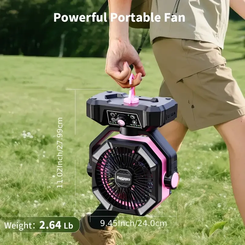 20000mAh Camping Fan with Dual Motor, Battery Powered Fan with 4 LED Lanterns, 8 Speed Desk Fan with Remote Control, Portable Outdoor Fan with Hook for Tent, Power Outage, Construction Site