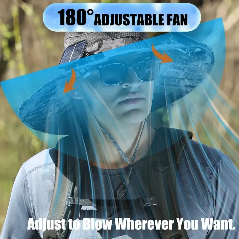 Ayamaya Solar Fan Sun Hat, Widen Brim Outdoor Fishing Men Hat With 2 Fans, Adjsutable 180°Rotating Fan Cooling UPF 50+ Hat